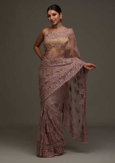 Lavender Threadwork Net Designer Saree - Koskii