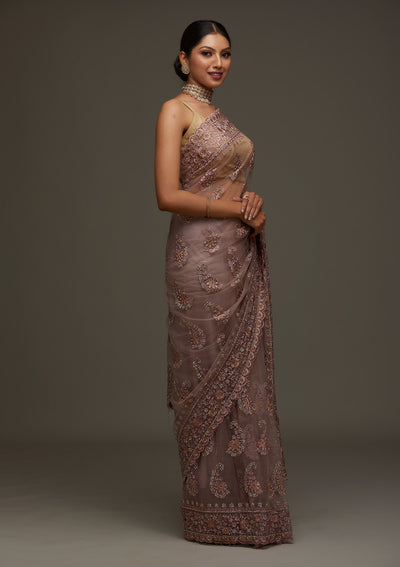 Lavender Threadwork Net Designer Saree - Koskii
