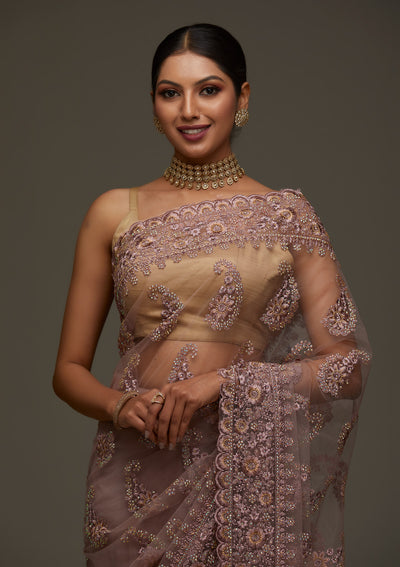 Lavender Threadwork Net Designer Saree - Koskii