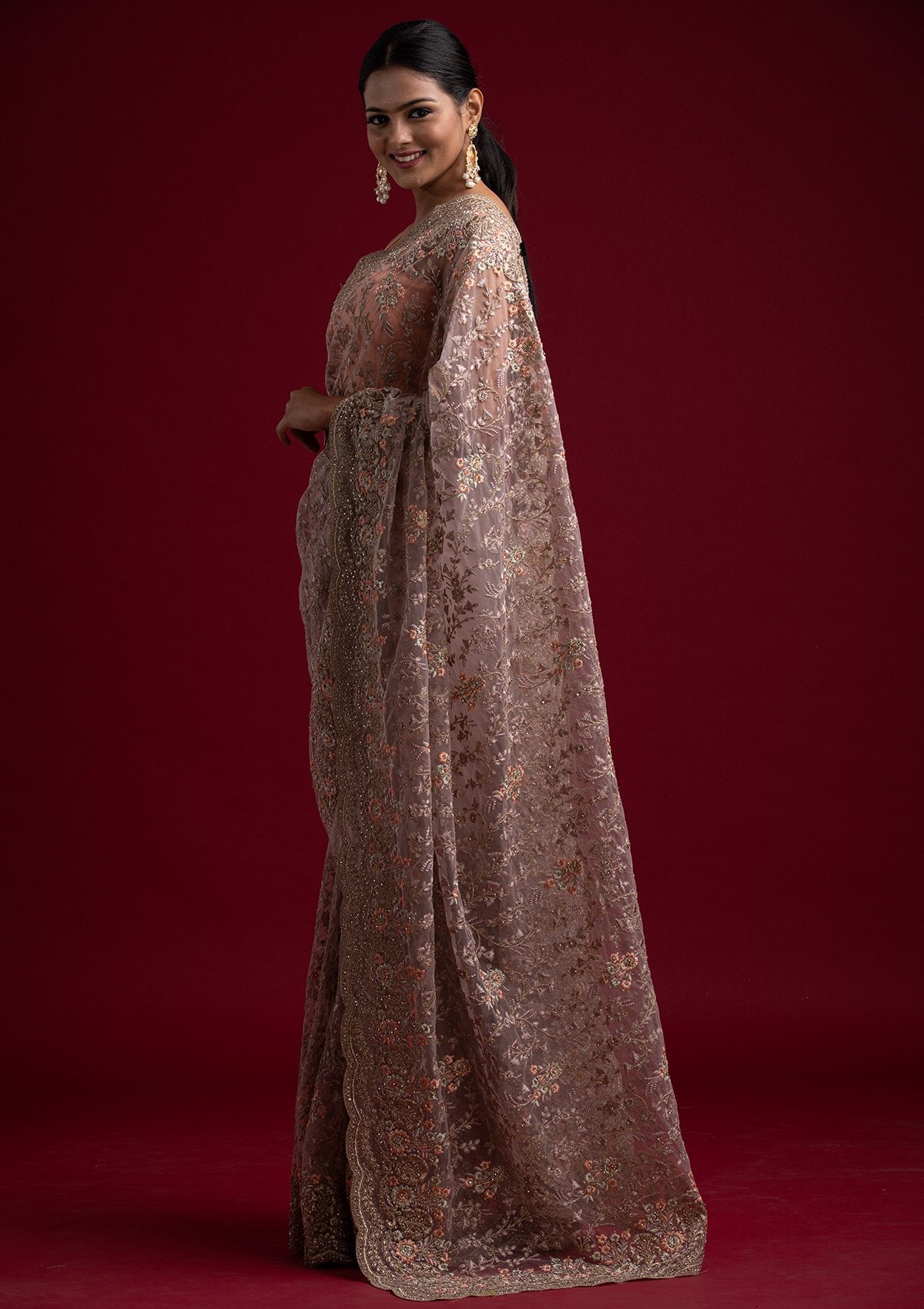 Lavender Zariwork Net Designer Saree - koskii