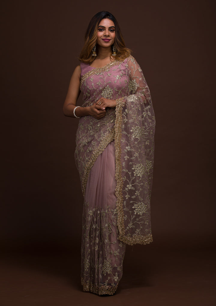 Lavender Zariwork Net Saree-Koskii