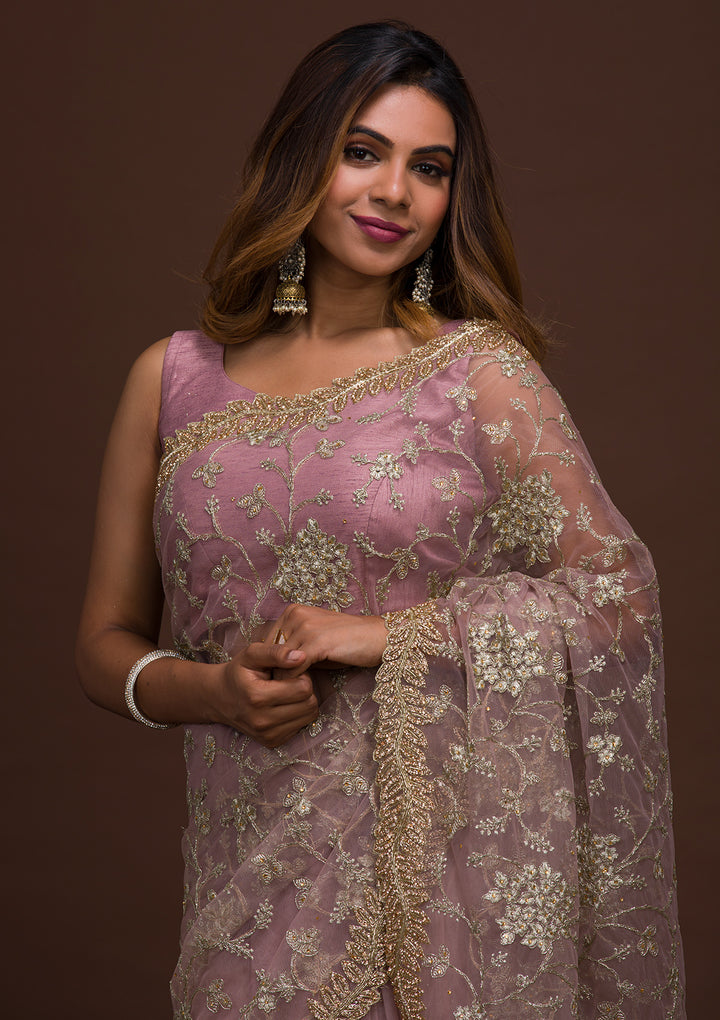 Lavender Zariwork Net Saree-Koskii
