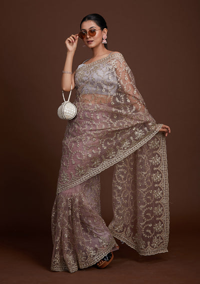 Lavender Zariwork Net Saree-Koskii