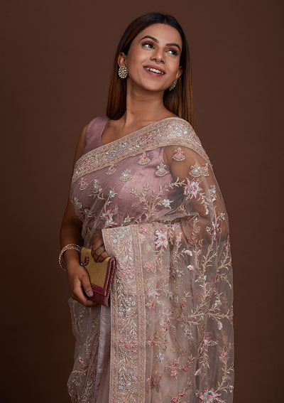 Lavender Zariwork Net Saree-Koskii