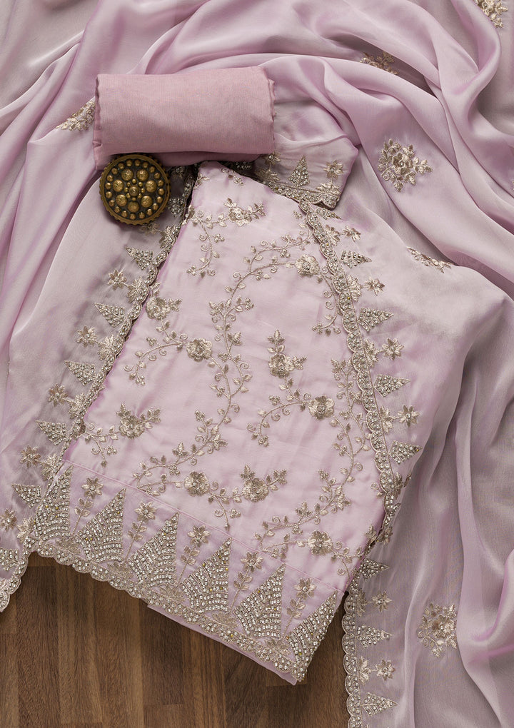 Lavender Zariwork Semi Crepe Unstitched Salwar Suit-Koskii