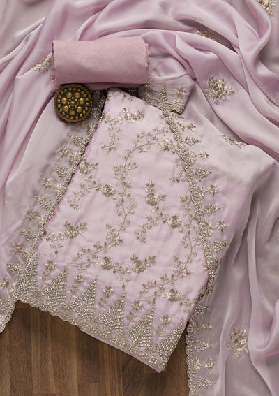 Lavender Zariwork Semi Crepe Unstitched Salwar Suit-Koskii