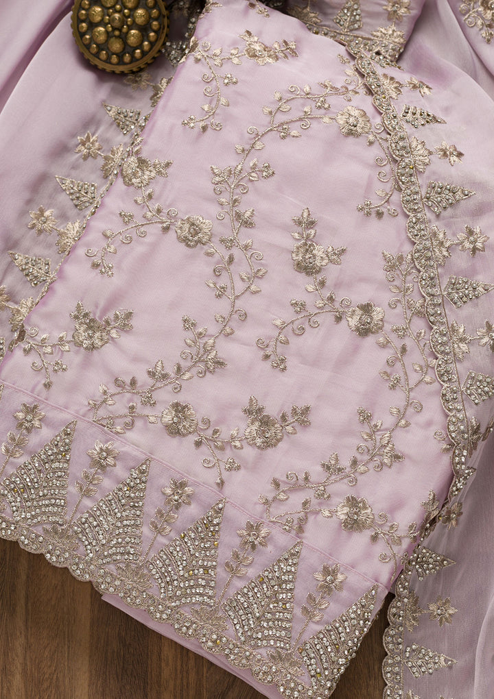 Lavender Zariwork Semi Crepe Unstitched Salwar Suit-Koskii