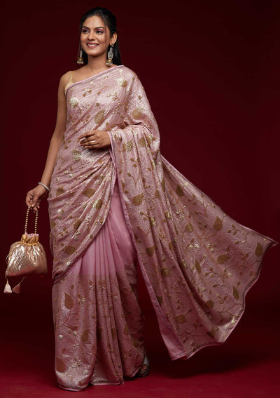 Lavender Zariwork Semi Crepe Saree - Koskii
