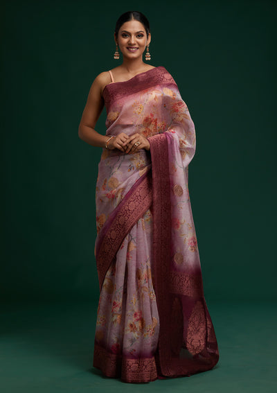 Lavender Zariwork Taffeta Silk Saree- Koskii
