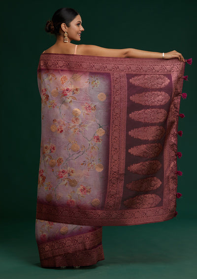 Lavender Zariwork Taffeta Silk Saree - Koskii