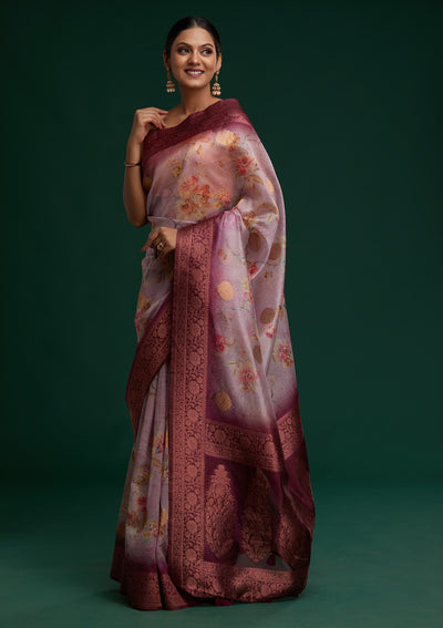 Lavender Zariwork Taffeta Silk Saree - Koskii