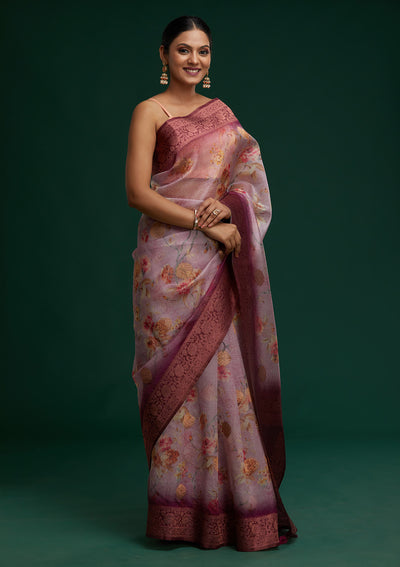 Lavender Zariwork Taffeta Silk Saree - Koskii