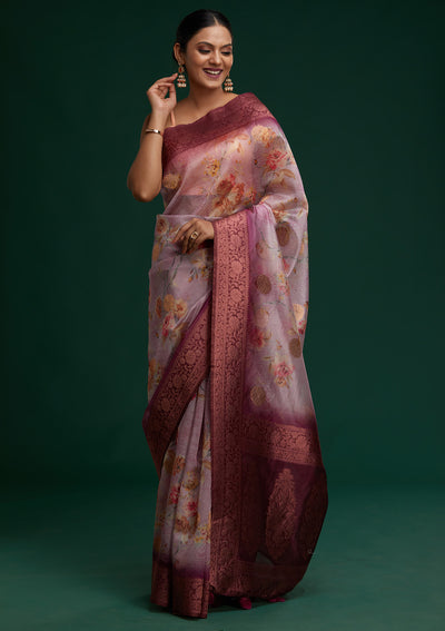Lavender Zariwork Taffeta Silk Saree - Koskii