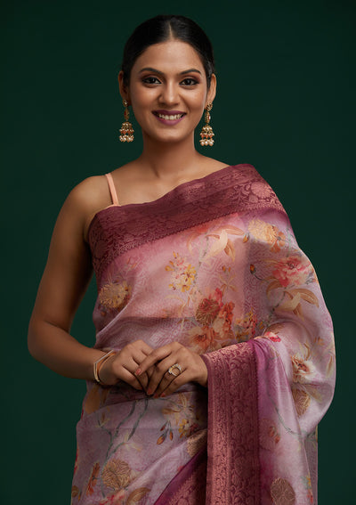 Lavender Zariwork Taffeta Silk Saree - Koskii