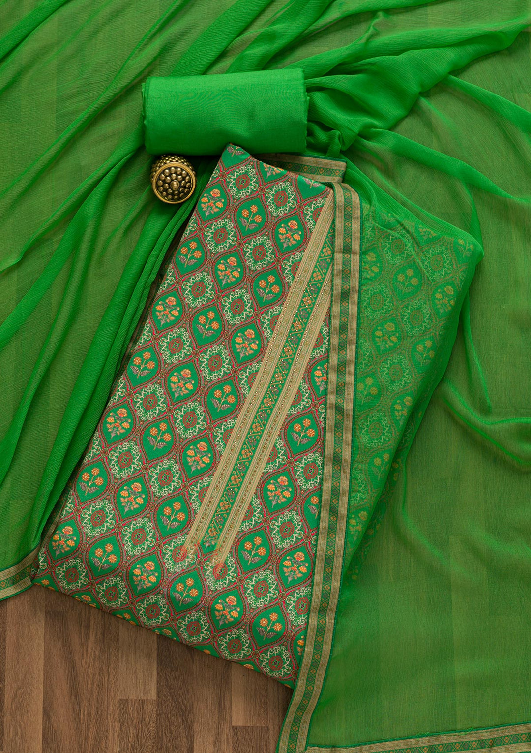 Leaf Green Soft Silk Printed Unstitched Salwar Suit-Koskii