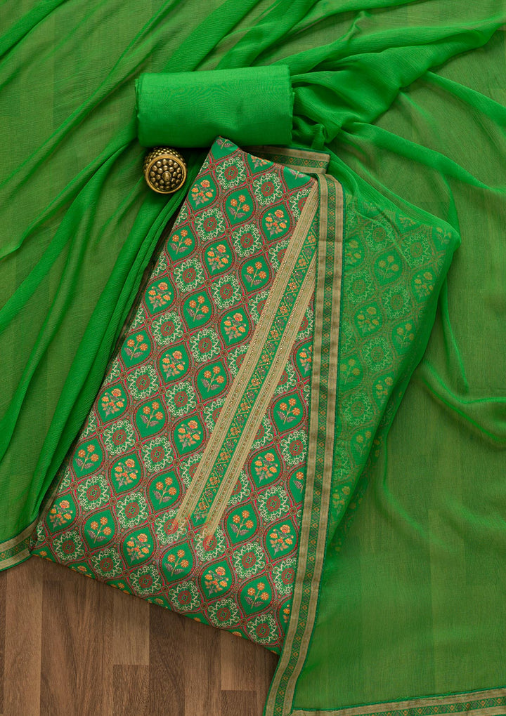 Leaf Green Soft Silk Printed Unstitched Salwar Suit-Koskii