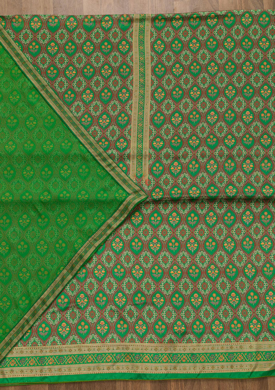 Leaf Green Soft Silk Printed Unstitched Salwar Suit-Koskii