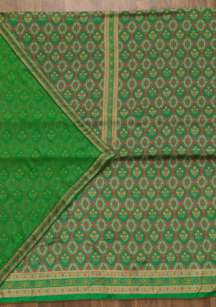 Leaf Green Soft Silk Printed Unstitched Salwar Suit-Koskii