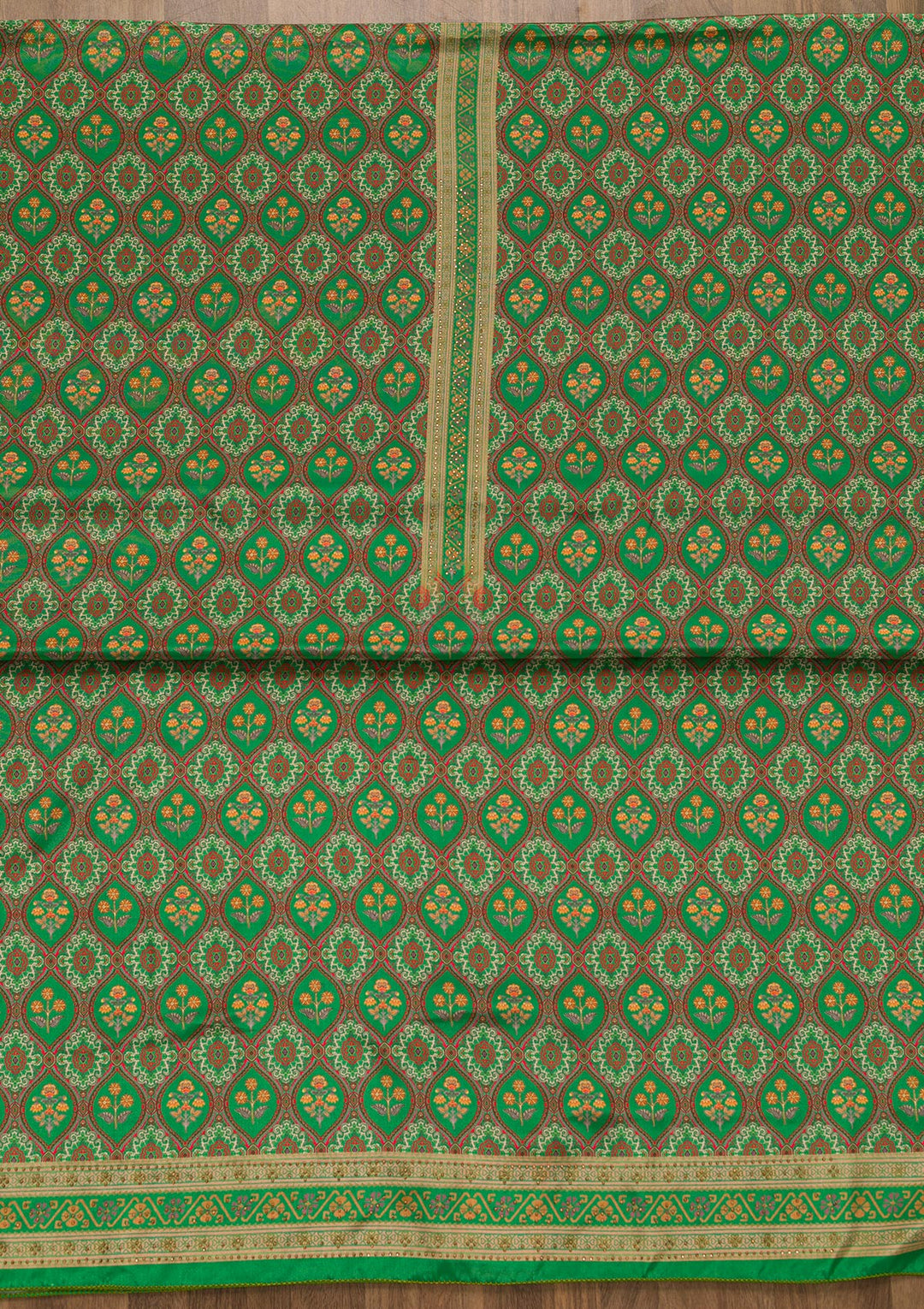 Leaf Green Soft Silk Printed Unstitched Salwar Suit-Koskii