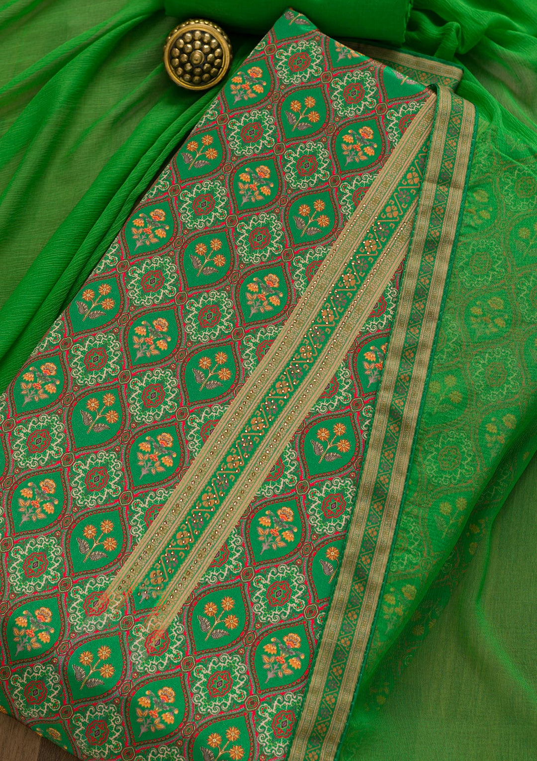 Leaf Green Soft Silk Printed Unstitched Salwar Suit-Koskii