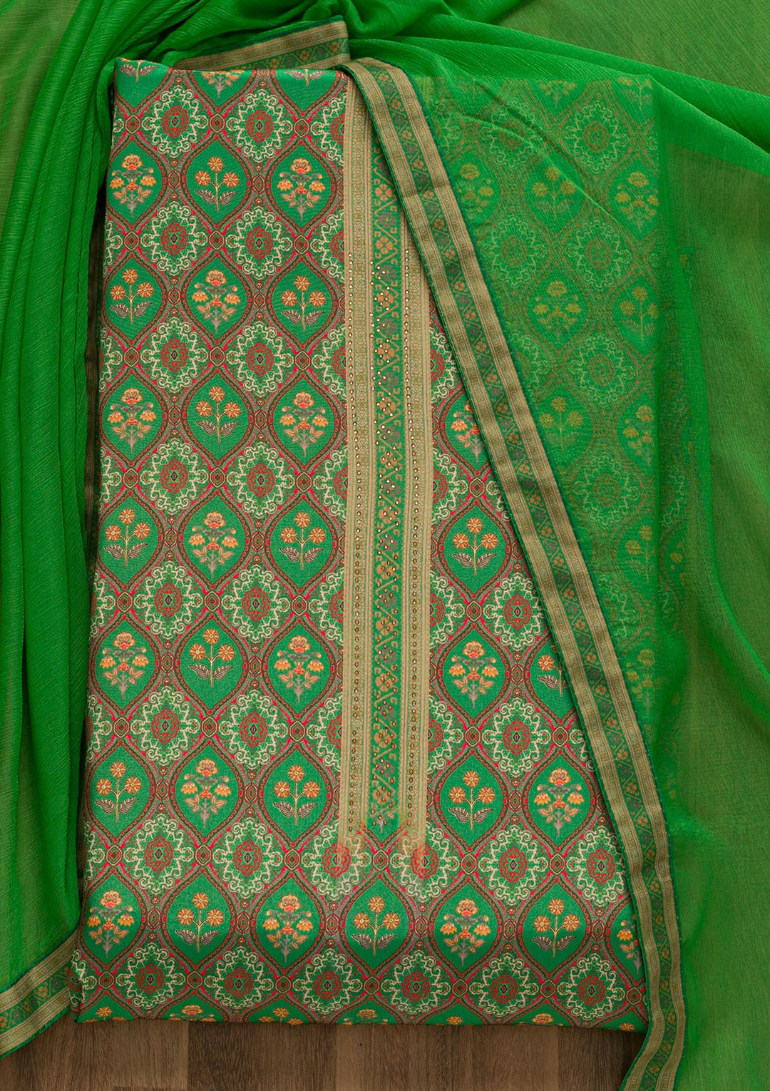 Leaf Green Soft Silk Printed Unstitched Salwar Suit-Koskii