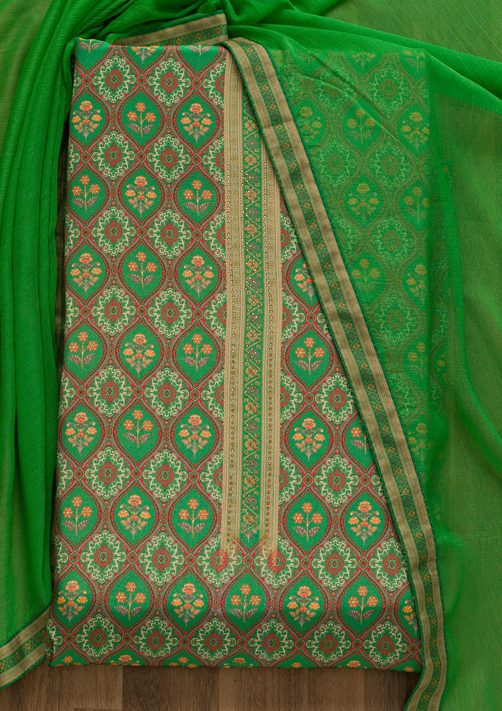 Leaf Green Soft Silk Printed Unstitched Salwar Suit-Koskii