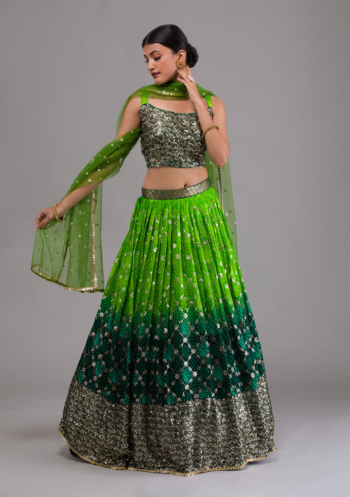 Leaf Green Sequins Georgette Designer Lehenga-Koskii
