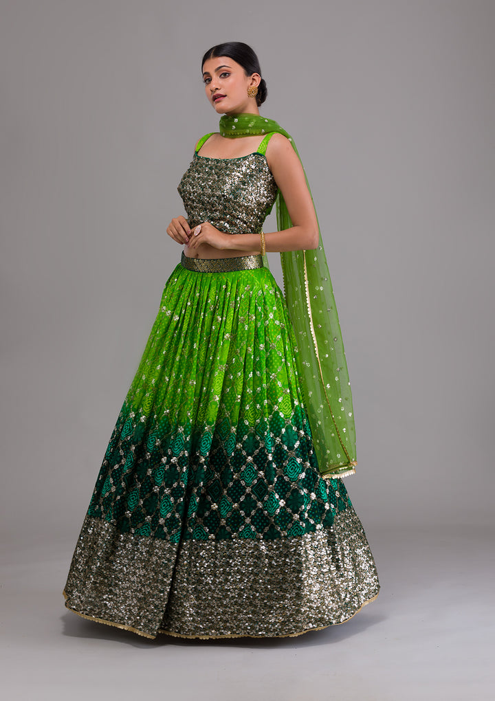 Leaf Green Sequins Georgette Designer Lehenga-Koskii