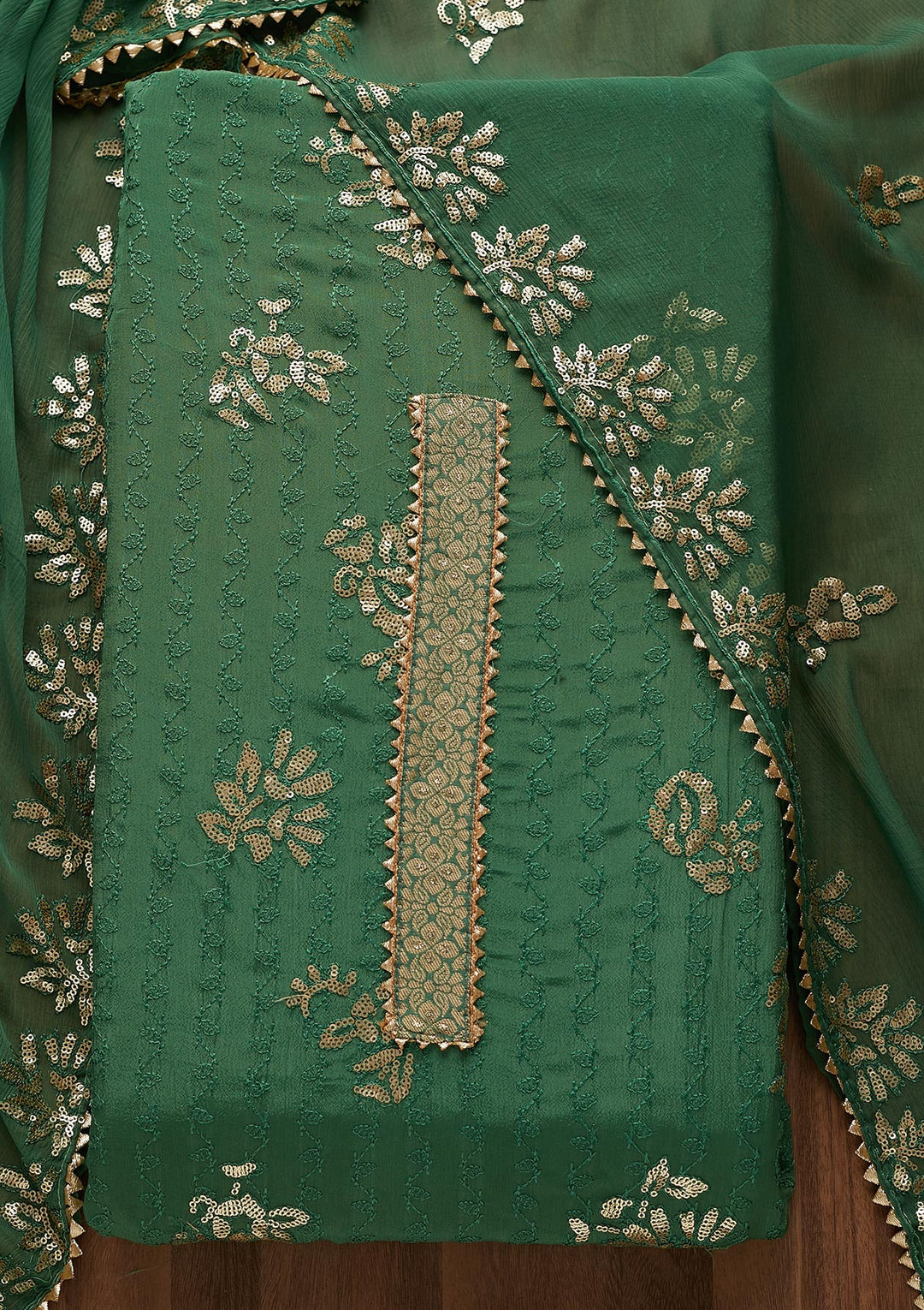 Leaf Green Sequins Georgette Semi-Stitched Salwar Suit-Koskii
