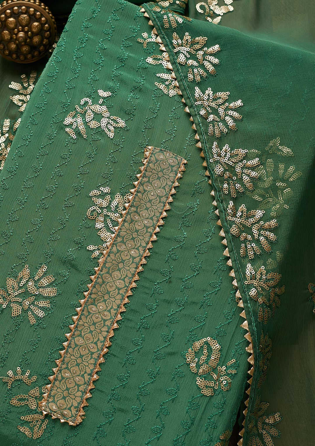 Leaf Green Sequins Georgette Semi-Stitched Salwar Suit-Koskii