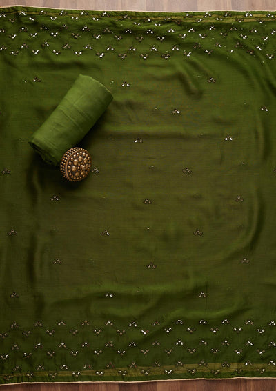 Leaf Green Sequins Georgette Unstitched Salwar Suit - Koskii