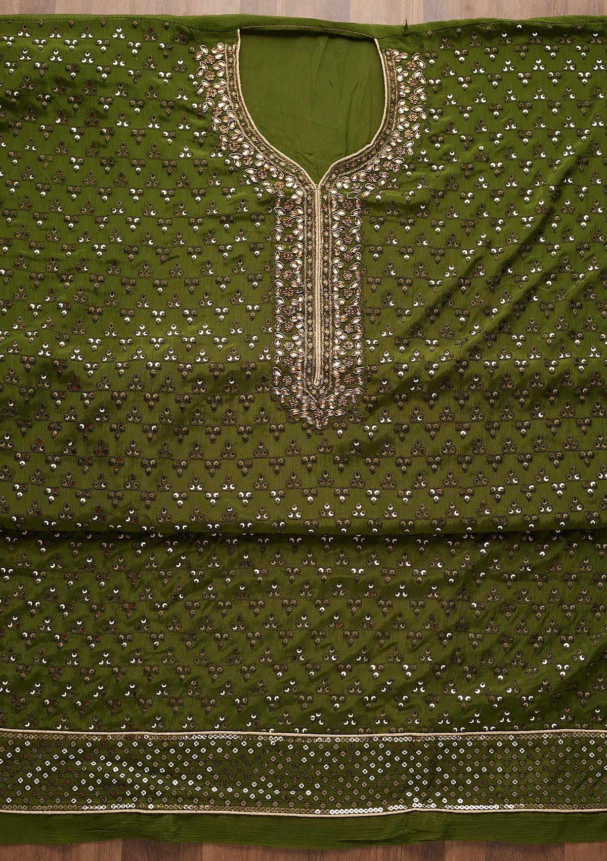 Leaf Green Sequins Georgette Unstitched Salwar Suit - Koskii