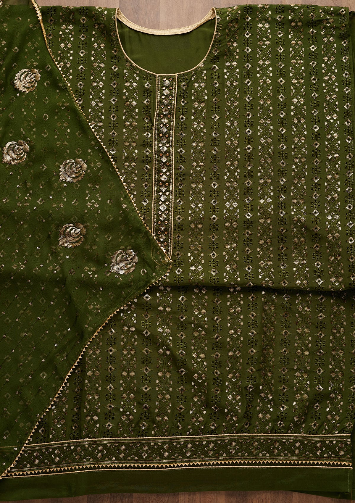 Leaf Green Sequins Georgette Unstitched Salwar Suit-Koskii