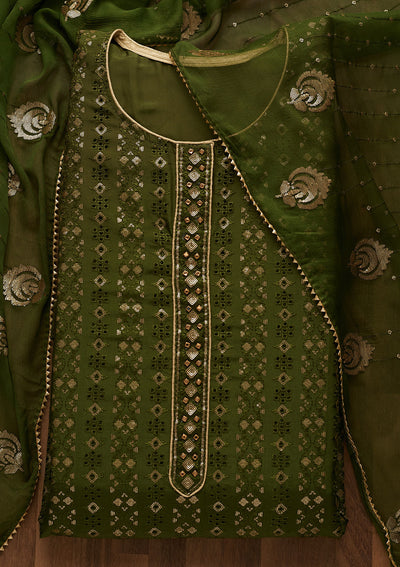 Leaf Green Sequins Georgette Unstitched Salwar Suit-Koskii