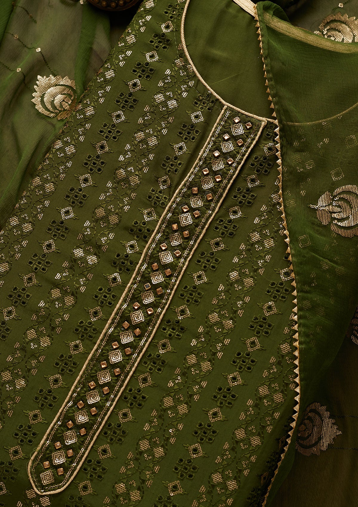 Leaf Green Sequins Georgette Unstitched Salwar Suit-Koskii