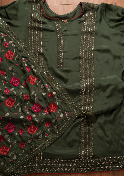 Leaf Green Sequins Semi Crepe Designer Semi-Stitched Salwar Suit - koskii