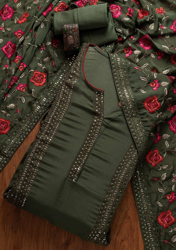 Leaf Green Sequins Semi Crepe Designer Semi-Stitched Salwar Suit - koskii