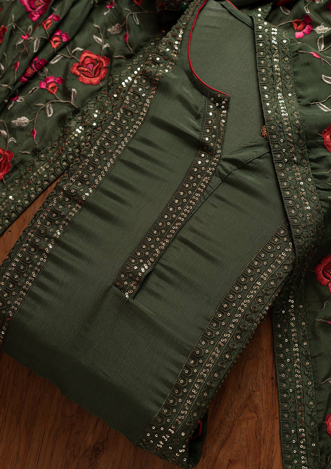 Leaf Green Sequins Semi Crepe Designer Semi-Stitched Salwar Suit - koskii