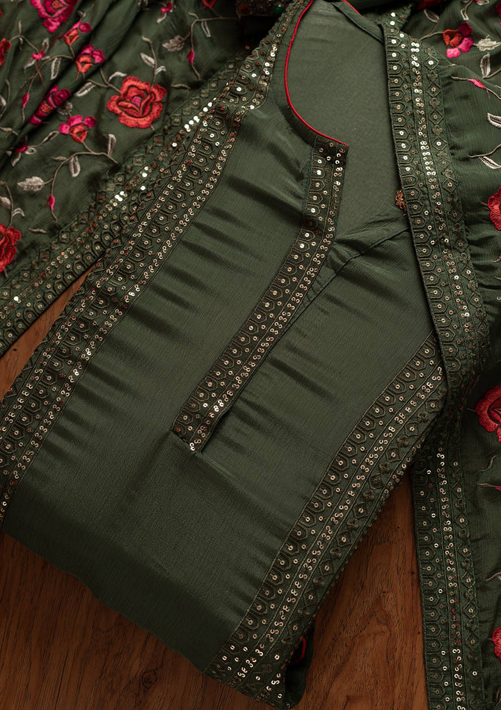 Leaf Green Sequins Semi Crepe Designer Semi-Stitched Salwar Suit - koskii