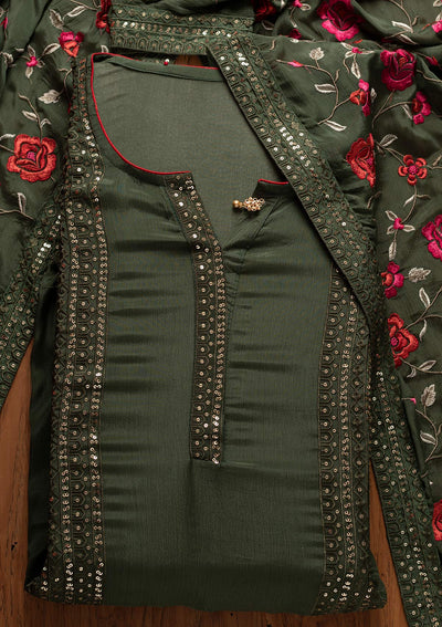 Leaf Green Sequins Semi Crepe Designer Semi-Stitched Salwar Suit - koskii