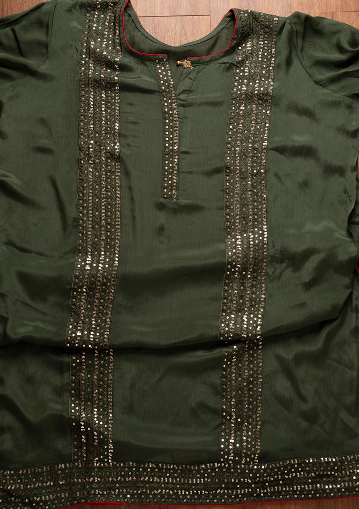 Leaf Green Sequins Semi Crepe Designer Semi-Stitched Salwar Suit - koskii