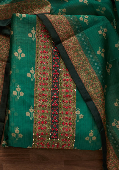 Leaf Green Sequins Semi Crepe Designer Unstitched Salwar Suit - Koskii