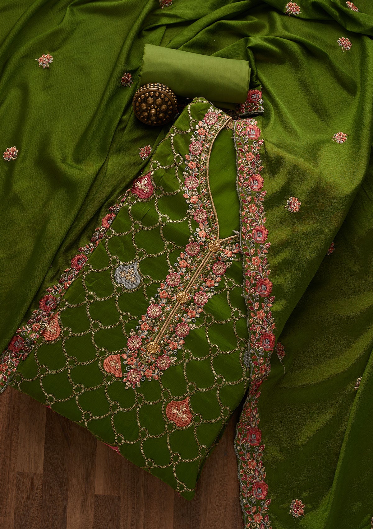 Leaf Green Threadwork Semi Crepe Unstitched Salwar Suit-Koskii