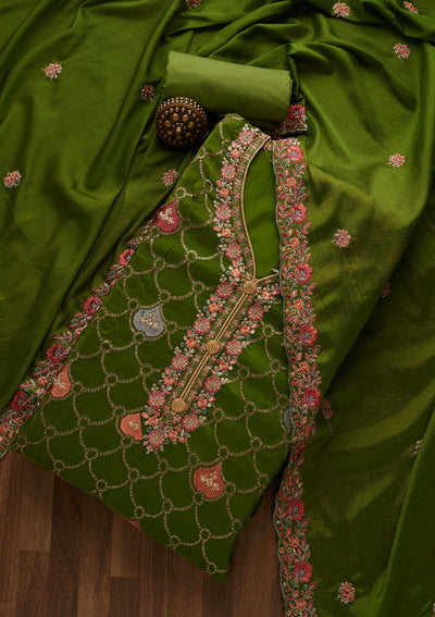 Leaf Green Threadwork Semi Crepe Unstitched Salwar Suit-Koskii