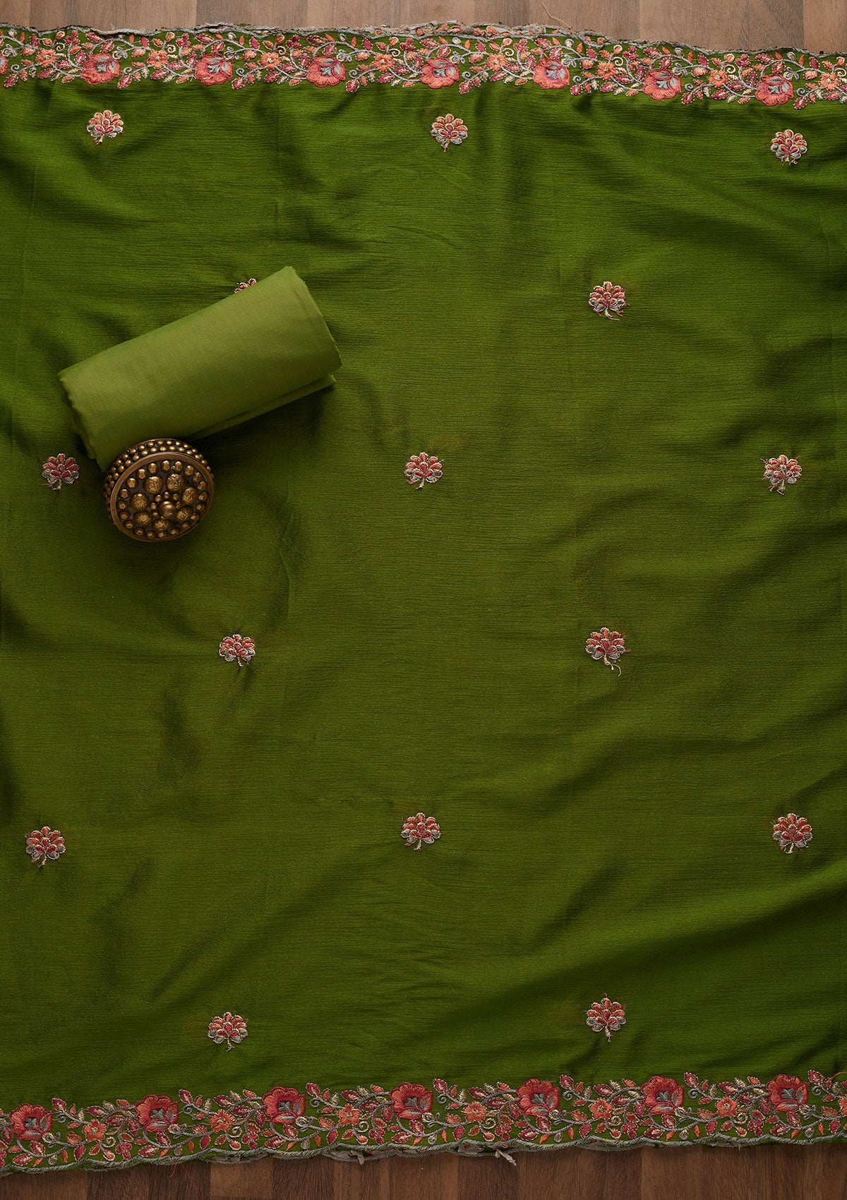 Leaf Green Threadwork Semi Crepe Unstitched Salwar Suit-Koskii