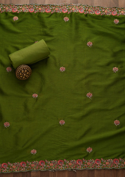 Leaf Green Threadwork Semi Crepe Unstitched Salwar Suit-Koskii