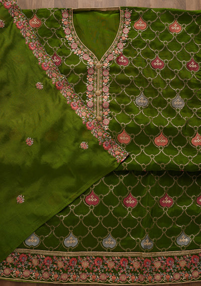 Leaf Green Threadwork Semi Crepe Unstitched Salwar Suit-Koskii