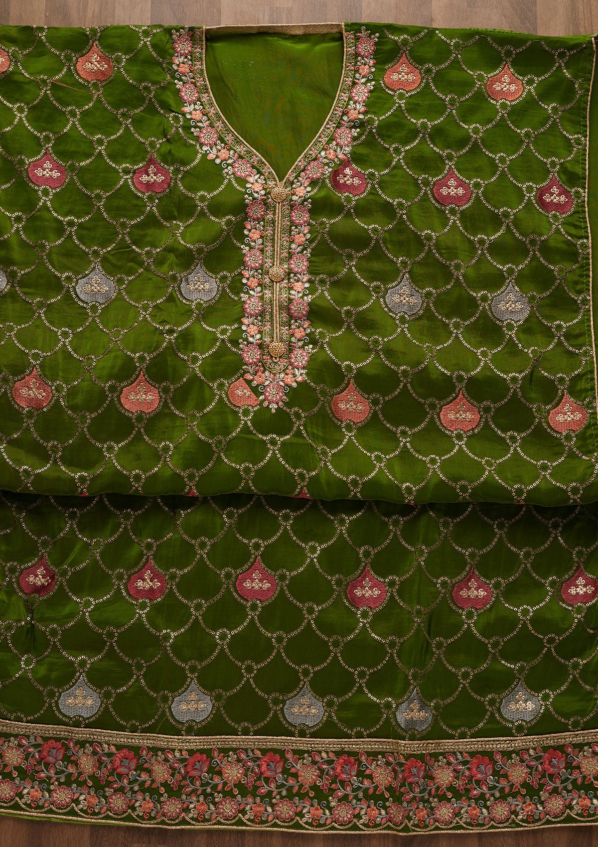 Leaf Green Threadwork Semi Crepe Unstitched Salwar Suit-Koskii
