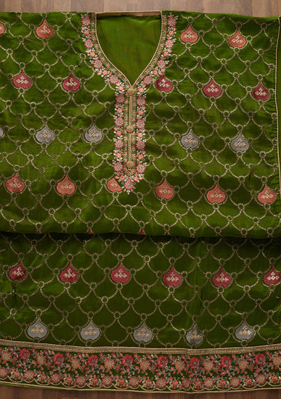 Leaf Green Threadwork Semi Crepe Unstitched Salwar Suit-Koskii