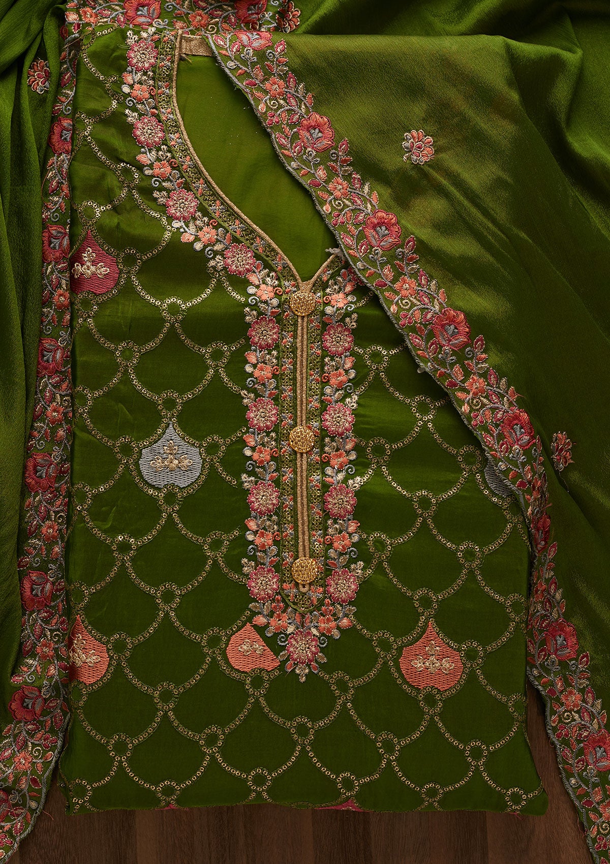 Leaf Green Threadwork Semi Crepe Unstitched Salwar Suit-Koskii
